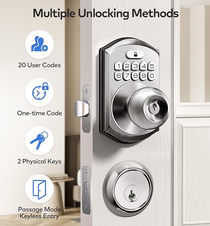 TEEHO Keyless Entry Keypad Door Lock with Handle, Electronic Digital Smart Locks for Front Door, Easy to Install Keypad Deadbolt with Code for Bedroom, Anti-Peeping Password - Nickel