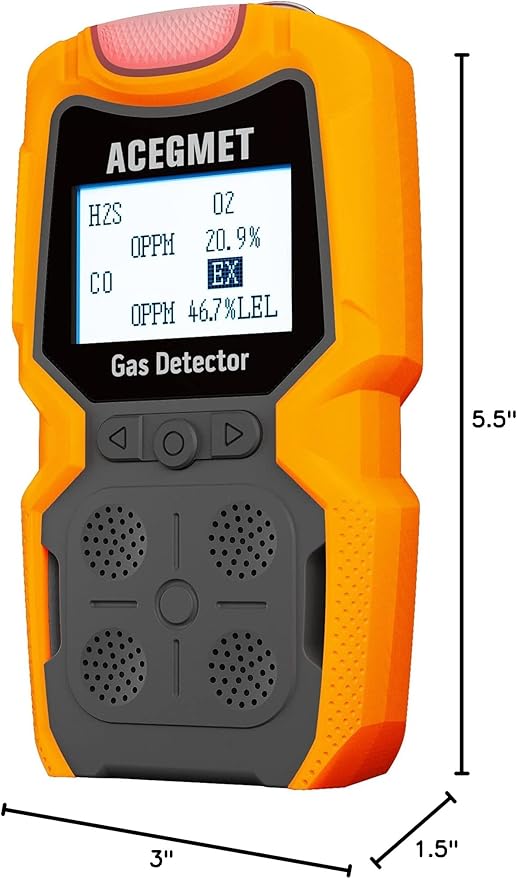 ACEGMET Gas Detector, 4 Gas Monitor Multiple Indicator (Vibration, Audible, Visual) H2S, O2, CO and LEL 4 Gas Monitor Personal Rechargeable 4 Gas Meter 2 Years of Sensor Life Gas Sniffer