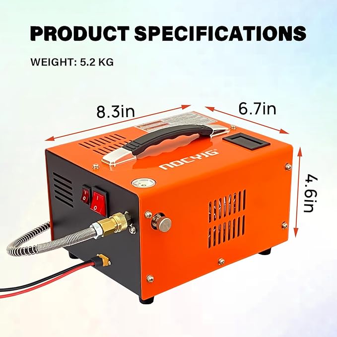 Pcp air compressor 4500PSI Portable PCP Compressor, 12V DC/110V AC PCP Airgun Compressor Manual-stop, w/External Power Adapter, Built-in Fan, Suitable for Paintball, Air Rifle, Scuba Bottle