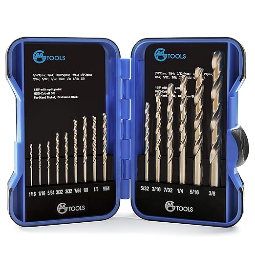 15Pcs Cobalt Drill Bit Set, M35 HSS, 135 Degree Tip, Twist Jobber Length Drill Bit Kit for Hardened Metal, Cast Iron, Stainless Steel, Plastic and Wood, with Indexed Storage Case 1/16"-3/8"