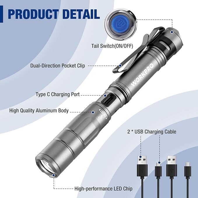 WORKPRO Rechargeable Pen Light, Mini Flashlight, 2 Pack Ultra-Compact EDC Flashlight, Pocket Flashlight with Clip, Memory Function and 2 x USB C Cable Included, Gray