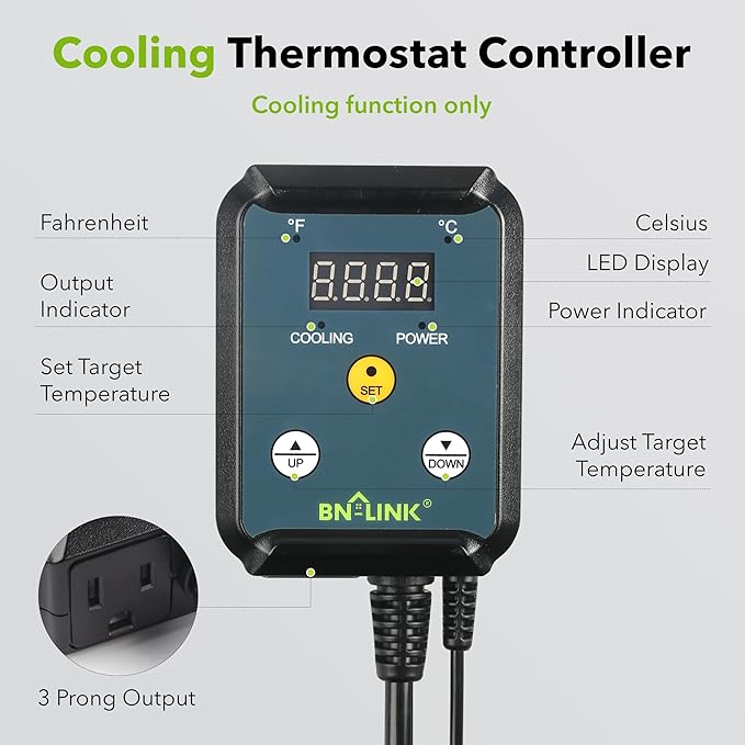 BN-LINK Digital Cooling Thermostat Controller, Temperature Controlled Outlet for Attic Fan, Exhaust Fan, Cooling Devices 40-108°F, 8.3A 1000W
