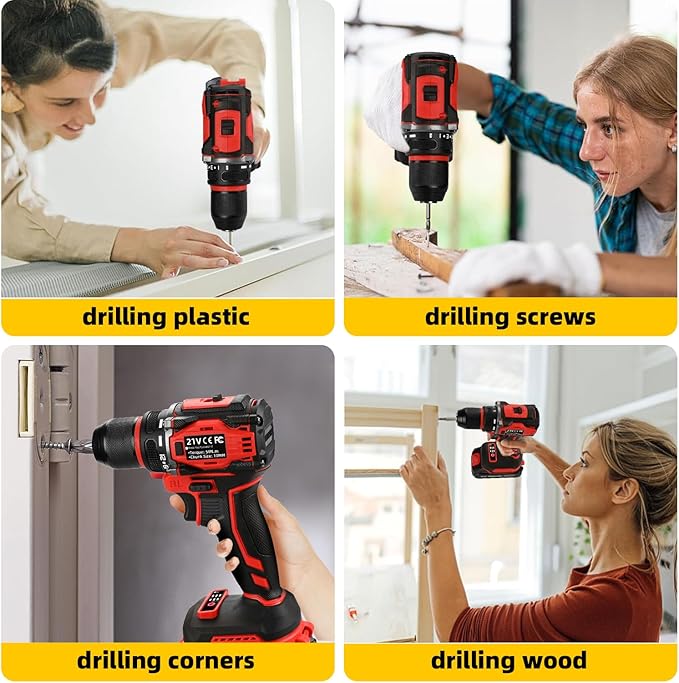 21V Cordless Power Drill/Driver Set, 2 Variable Speeds with LED Light, 3/8" Keyless Chuck, 2 Batteries & Charger, 28-Piece Kit for Home Use（Red)
