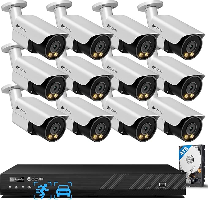 4COVR 16 Channel PoE Security Camera System, 2-Way Talk & Smart Full Color Night Vision, Human/Vehicle Detection, 4TB NVR Surveillance for Businesses, 12X 8MP Wired Bullet IP Camera IP67, LY37YX8M1612