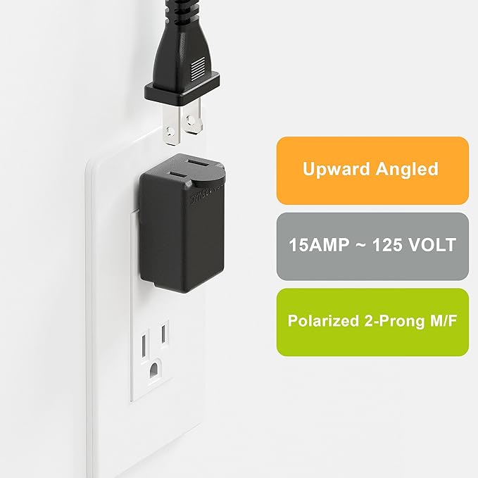 Right Angle Adapter,2-Prong 90 Degree Upward Angled AC Adapter, Polarized 2-Prong L Type Adapter, Vertical Right Angled Down Angle Power Adapter, PA-0507B Black Color