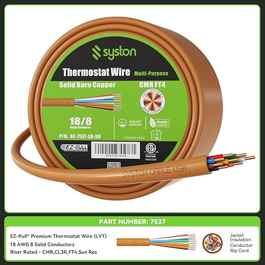 Syston 18/8 Thermostat Doorbell HVAC Heating Control Cable Wire, 18 AWG 8 Conductors 100% Solid Copper Conductors CL3R/FT4/CMR Riser-Rated, UV Resistant RoHS for Low Voltage Applications Use