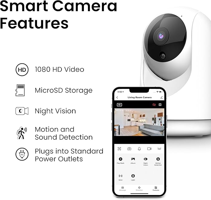 Feit Electric Indoor Security Camera with Motion Detection, 30ft. Night Vision, Pan and Tilt Head, 2.4GHz WiFi, 2-Way Audio, 1080p HD, Works with Alexa & Google Asst, Plug-in, White, CAM/PAN/WiFi/G2