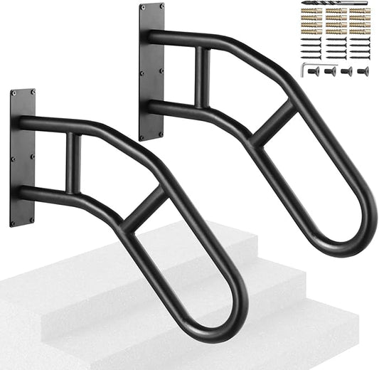 VEVOR Handrails for Outdoor Steps, 29" Length Wall Mount Safety Railings for 1-3 Steps, U-Shaped Handrail with Matte Black Finished, Stair Handrails for Kids, Elderly, Pregnant Women, Disabled 2 PCS