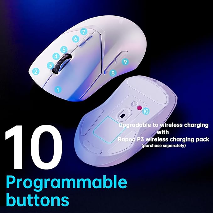 Rapoo VT9Pro Wireless Gaming Mouse - Esports Grade Performance Gaming Mice, PAW 3398 Sensor, 26000 DPI, 1ms Response Time, 68g Lightweight, 10 Programmable Buttons, Long Battery Life, White