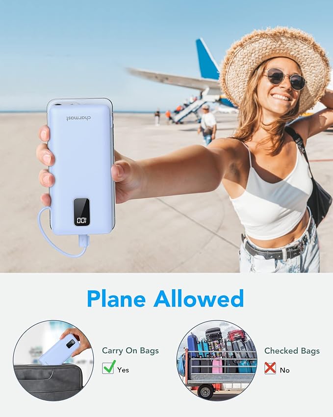 charmast Portable Charger with Built-in Cables & Wall Plug, 10000mAh Portable Power Bank, External Battery Pack Travel Essentials Compatible with iPhone 16/15/14/13, Samsung, iPad etc