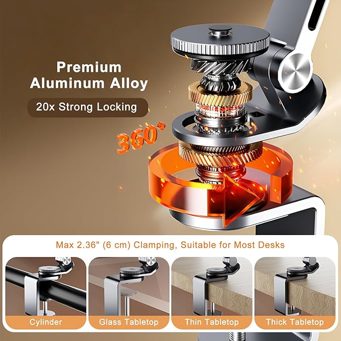 iPad Mount for Desk Aluminum Alloy Tablet Stand Foldable Overhead Arm Holder Mount Fits for 4.7-15.6" Screen Phone,Kindle,Fire HD,Monitor,iPad,Galaxy Tab Series (Silver)