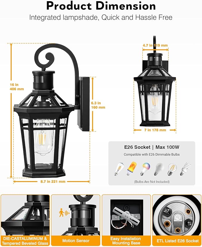 2 Packs Outdoor Lighting with Motion Sensor, Modern Dawn to Dusk Porch Light Fixture Wall Mount, Exterior Wall Lantern Sconce with Matte Black Finish, Waterproof Coach Lights for Garage, Patio