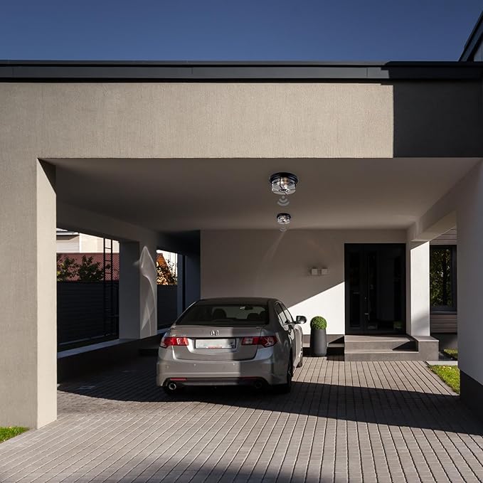 Motion Sensor Outdoor Flush Mount Ceiling Light - Sleek Round Exterior with Seeded Clear Glass - Perfect for Front Porch, Garage, Entryway