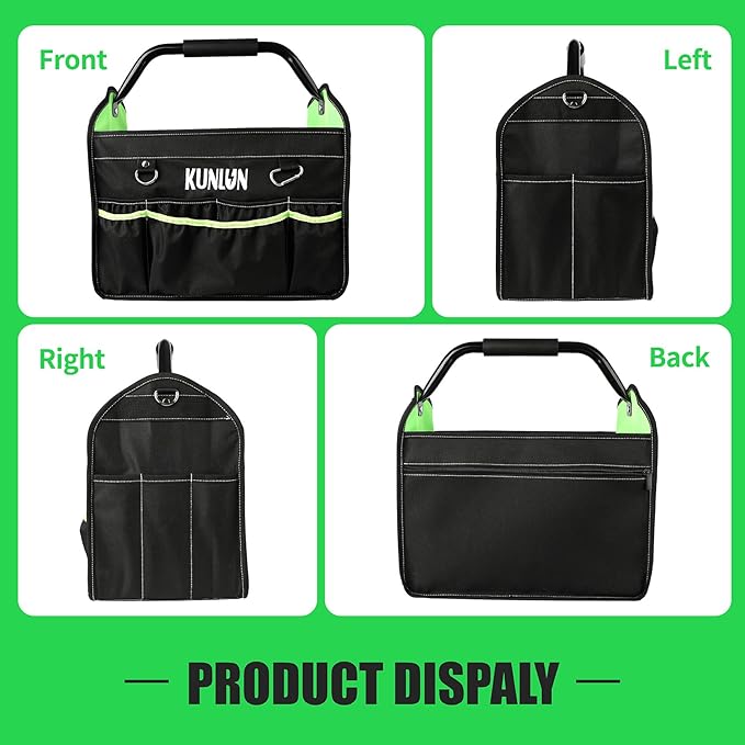 17-Inch Open Top Tool Bag, Electrician Tool Bag, Tool Tote Bag Organizer for Easy Tool Access, 33 Pockets Foldable Tool Carrier with Rotating Steel Handle and Removable Shoulder Strap (Black+Green)
