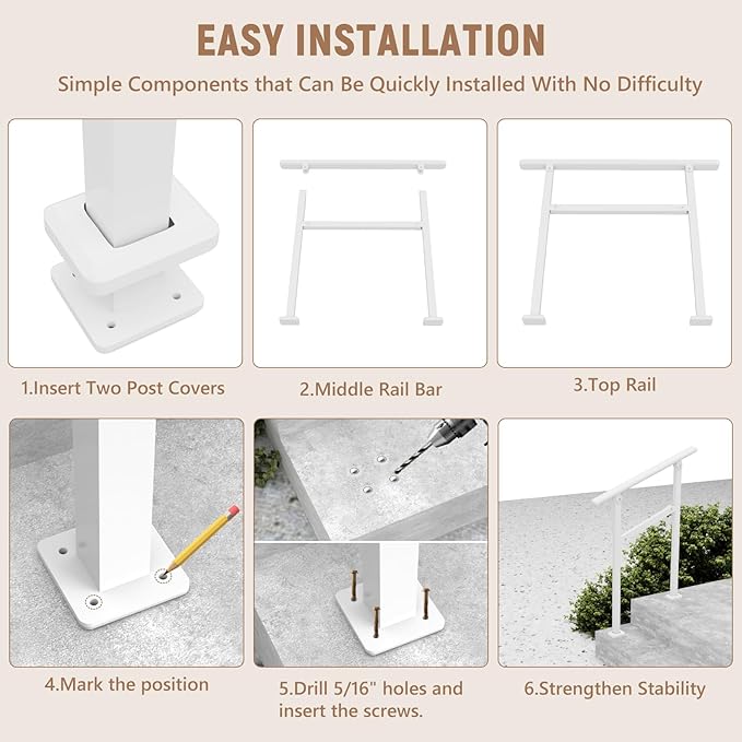 Hand Rails for Outdoor Steps,1-2 Step Railing for Stairs,Adjustable Porch Railing,Hand Rails for Seniors,Outdoor Deck Handrails for Exterior Steps,White