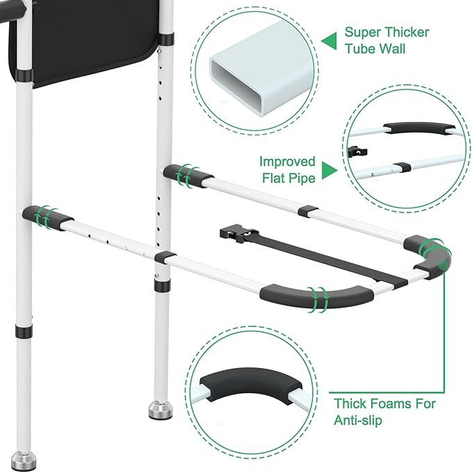 RELIANCER Bed Safety Rail for Elderly Adults w/Support Leg & Motion Light,Dual Handle Assist Grab Bar for Seniors,Adjustable Bedside Support Railings,Bed Side Assist Guard Rail,Bedside Hand Guard Bar