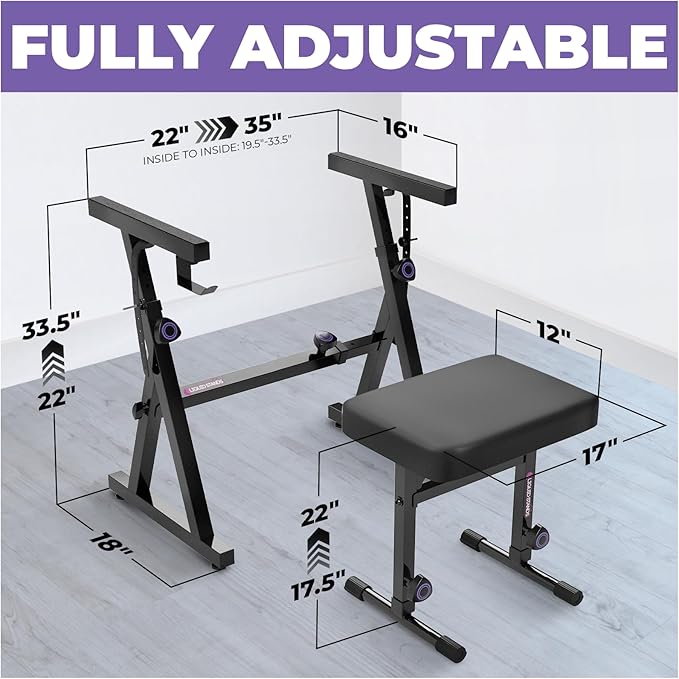 Liquid Stands Portable Heavy Duty Digital Piano Stand & Bench Set - Adjustable Keyboard Music Stand & Seat for 54-88 Key Electric Pianos