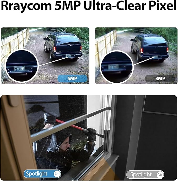 Rraycom 5MP Security Cameras Wireless Outdoor Solar Powered with AI Detection, 2K Color Night Vision Security Camera with 2 Way Audio, Alexa, No Monthly Fee, Spotlight & Siren, IP65 Waterproof
