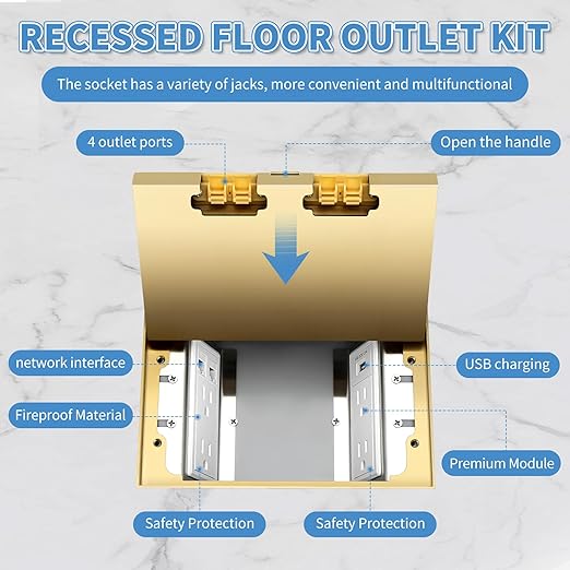 Vagueior Recessed Flat Hidden Floor Electrical Outlet Kit,with 4 * 15A Receptacle+1 * 5V 2.1A USB Charging Ports+2-Port RJ45 Datacom Receptacle，Waterproof Electrical Outlet Covcer Box,Gold