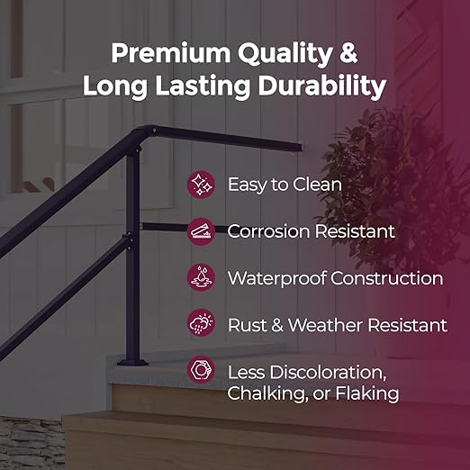 CHR Fence & Rail Hand Rails for Outdoor Steps Extension, 4ft Rectangular Handrail Extension to Wall, Handrails for Step Landings Ideal for Porch, Deck, & Stair Railing Indoor & Outdoor