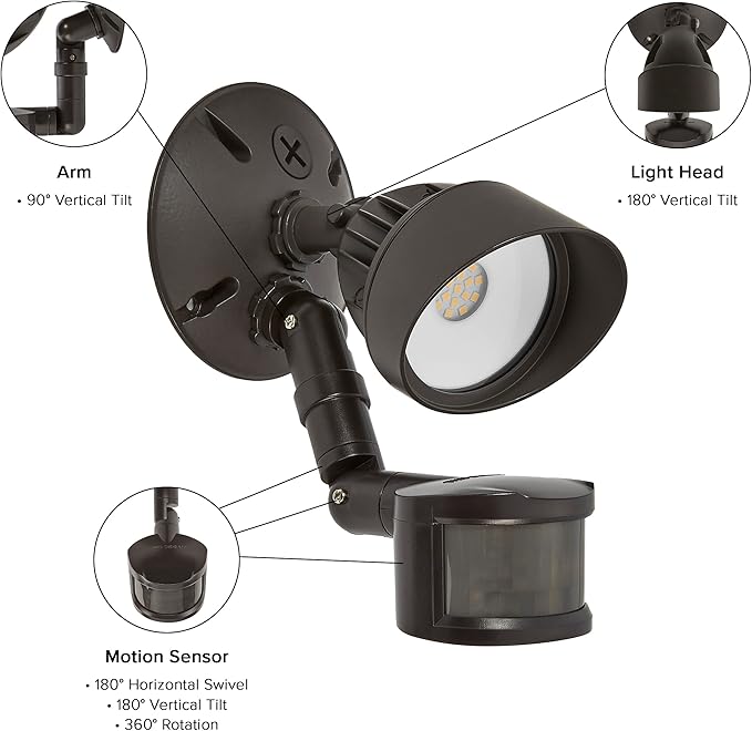 Maxxima LED Outdoor Flood Wall Light, Exterior Security Light with Adjustable Head, 800 Lumens, Featuring Motion Sensor and Dusk to Dawn Sensor, 3000K Warm White, Brown Fixture