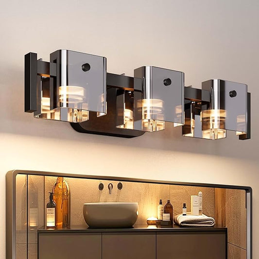 JACKYLED Bathroom Light Fixture, Modern 3-Light Vanity Lights with Art Glass Shades, 3 Color Temperatures LED Bathroom Lighting Fixture Over Mirror, 15W 900 Lumen 30° Adjustable, Ash Gray Glass