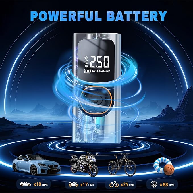 Portable Cordless Tire Inflator Air Compressor, 150PSI with Rechargeable Battery, Digital Pressure Gauge, 12V Car Tire Inflator and Auto Shut Off, for Car, Motorcycle, Bike, Balls, Toy