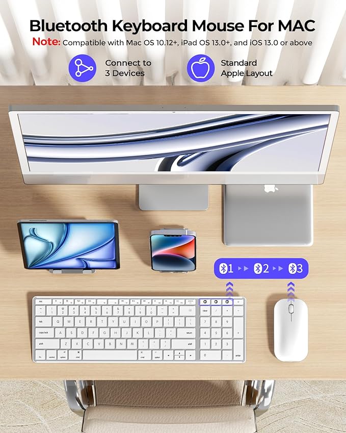 seenda Bluetooth Keyboard and Mouse for Mac, SKM64-2 Multi-Device Rechargeable Slim Wireless Keyboard Mouse Stainless Steel Full Size, Compatible with MacBook Pro/Air, iPad, Mac - White Silver