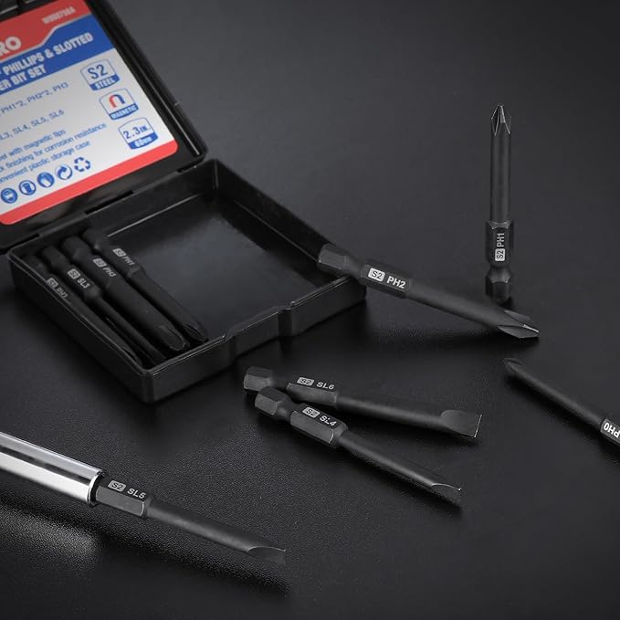 WORKPRO 10pcs Slotted Phillips Screwdriver Bit Set, CNC Machined S2 Steel Magnetic Screwdriver Bits Set, 1/4 Inch Hex Shank Driver Bits, 2.3 Inch Long Screwdriver Bits Set with Storage Box