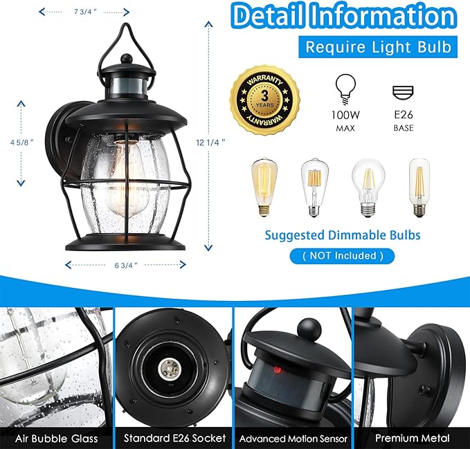 Outdoor Motion Wall Lights, Advanced Dusk to Dawn Exterior Lighting Fixtures Wall Sconce,Waterproof Porch Light for Entryway Garage Patio, PIR Motion Activated (Black)