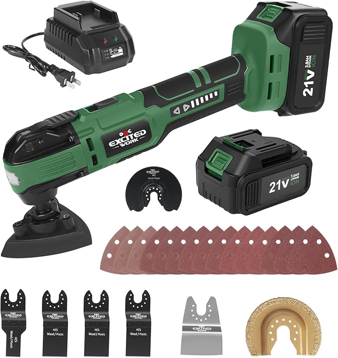 21V Cordless Oscillating Tool Kits, Brushless Oscillating Multitool with 6-variable speed, 2X3.0 Ah Battery and accessories for Cutting, Grinding, Scraping, Sanding