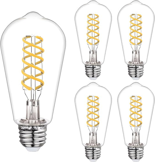 4 PCS Dimmable Vintage LED Edison Bulbs, 6W Equivalent 60 Watt, Natural White 4000K, Antique Flexible Spiral LED Filament Light Bulb, ST58 (ST19), 600 Lumens, E26 Base, Clear Plastic