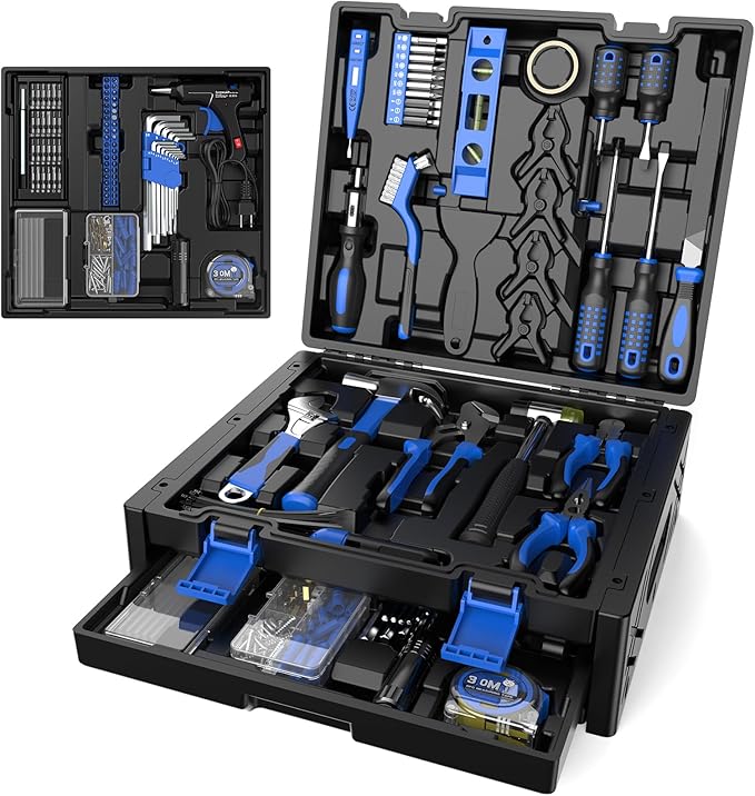 326-PCS Home Tool Kit - Portable Basic Home Repair Tool Set - General Complete Household Outils Box with Hot Glue Gun & Drawer Storage Case for Men Women Homeowner Diyer Handyman