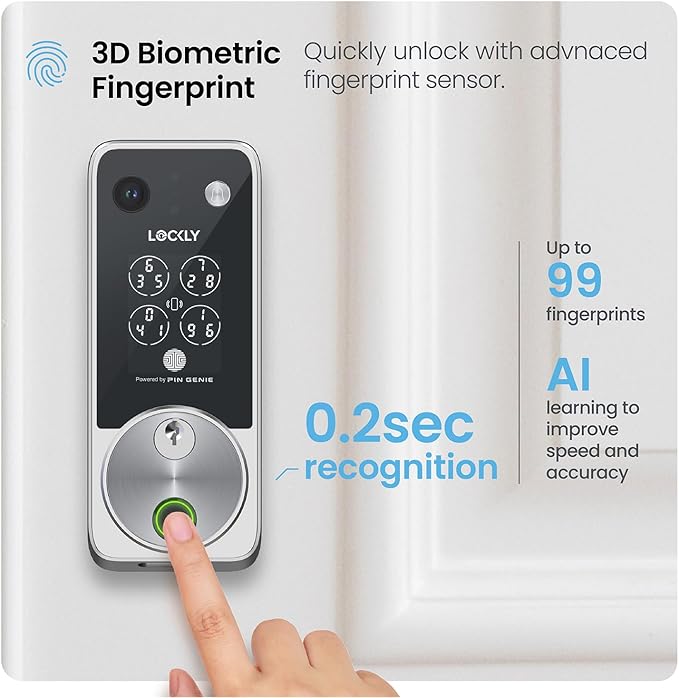 Lockly Vision Zeno Smart Lock with Video Doorbell Camera, Fingerprint Keyless Entry with Apple Home Key, Wi-Fi Deadbolt for Front Door, PIN Genie Keypad, App Remote Control, 2 Rechargeable Batteries