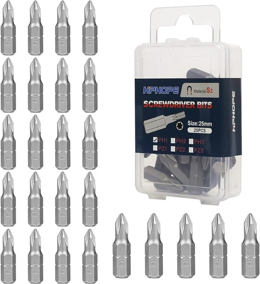 HPHOPE PH1 Screwdriver Bit Set, Phillips #1 Bits 1/4" Hexagon Bit (Length: 1", 25 Pack)