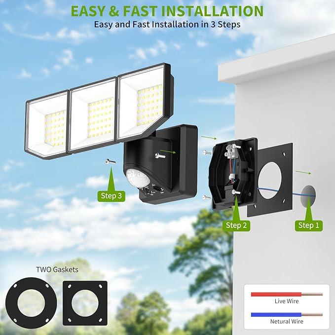 38W LED Security Lights Outdoor with Remote Control, 7500LM Motion Sensor Floodlight, 3 Modes, 6500K, IP65 Waterproof, Dusk to Dawn 3-Head Fixture for Garage, Yard, Porch (Black)