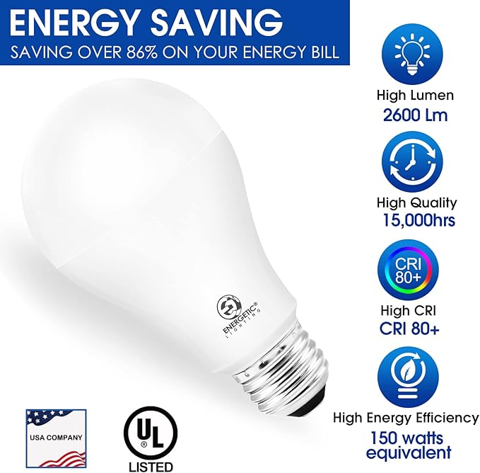 ENERGETIC SMARTER LIGHTING Dimmable A21 LED Bulb, 2600LM Super Bright Light Bulbs, 20W=150W, Warm White 3000K, UL Listed, E26 Base, Damp Rated, 2 Pack