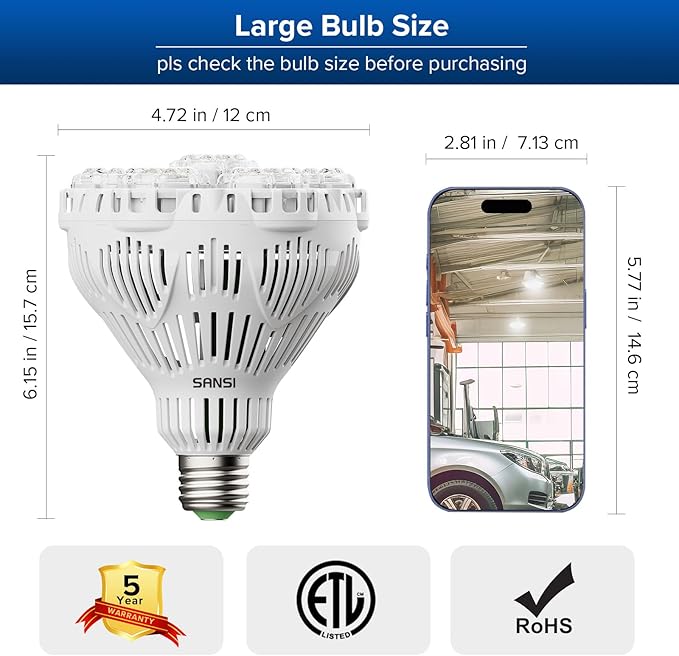 SANSI 45W 6000 Lumens Brightest LED Light Bulb, BR30 400W Equivalent 5000K Daylight E26 to E39, Super Bright Bulb Non-Dimmable, 22-Year Lifetime Energy Saving for Home Workshop