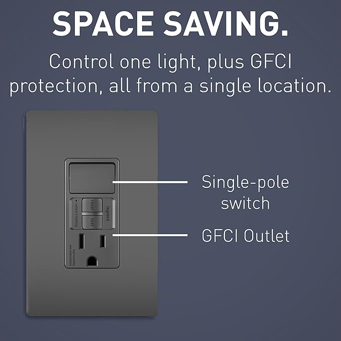 Legrand radiant 1597SWTTRBKCCD4 15 Amp Combination GFCI Self Test Tamper-Resistant Decorator Outlet with Single Pole Light Switch, Black (1 Count)