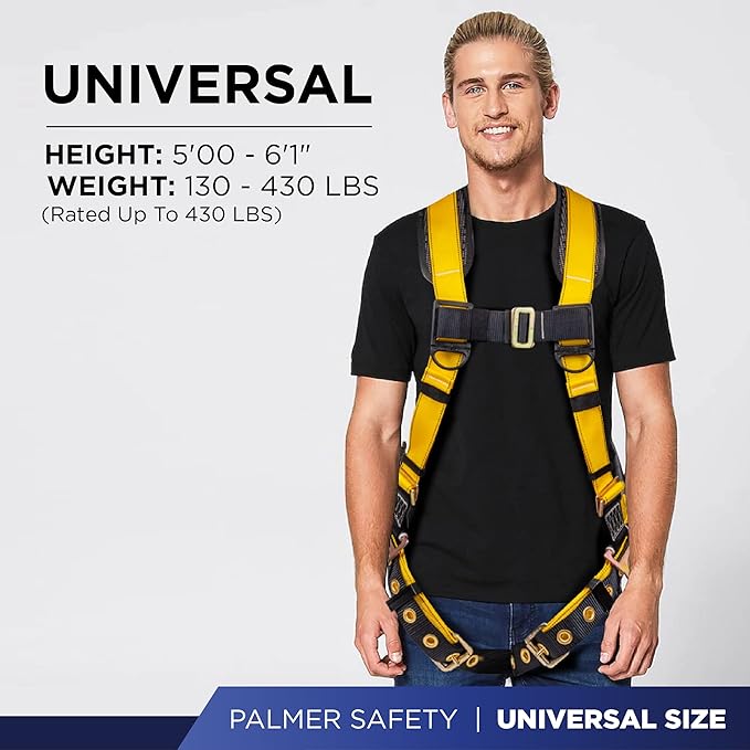 Palmer Safety Full Body Harness with 5 Point Adjustment, Dorsal D-ring, Grommet Legs, Two Side D Rings, and Fall Indicators