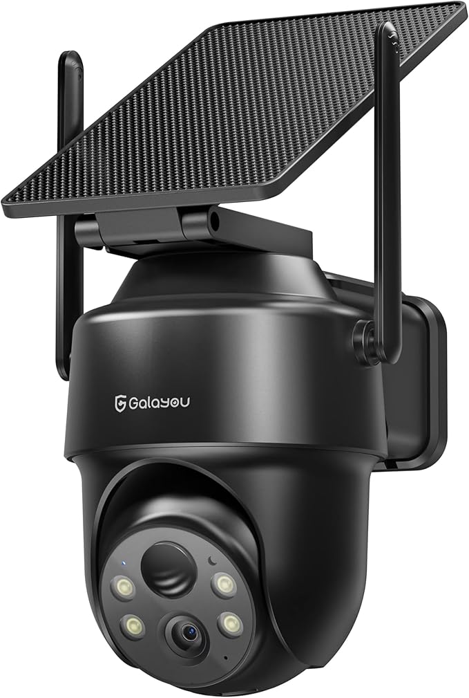 GALAYOU Solar Camera Outdoor Wireless- 2.4GHz WiFi Home Security Cameras with Solar/Battery Powered, Color Night Vision, PIR Sensor, IP65 Waterproof & Easy to Install, Work with Alexa, R1 1P Black
