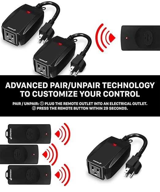 Fosmon Wireless Remote Control Outlet (2 Pack) Outdoor Electrical Outlet Switch Weatherproof Heavy Duty, 3-Prong Plug-in ETL Listed (Battery Included)