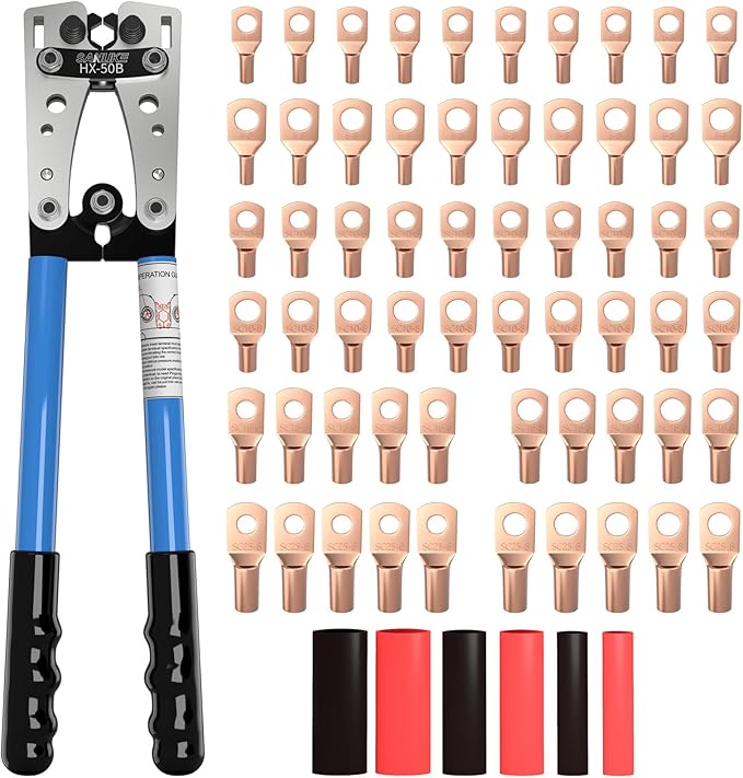 Sanuke Battery Cable Lug Crimping Tool for AWG10-1/0, Wire Terminal Crimper with 60pcs Copper Wire Lugs and Heat Shrink Tubing, Electrical Lug Wire Crimping Tool