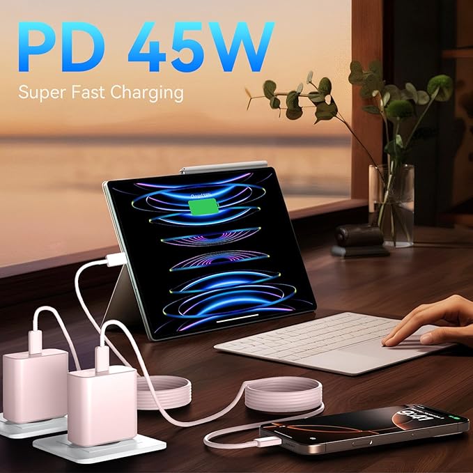 Phone 16 Pro Max Charger Fast Charging, 45W Super Fast USB C Charger Block with 10FT Long Charging Cord Cable for 16 Pro Max/16/16 Plus,15 Pro Max/15 Pro/15,Android Phone-Pink
