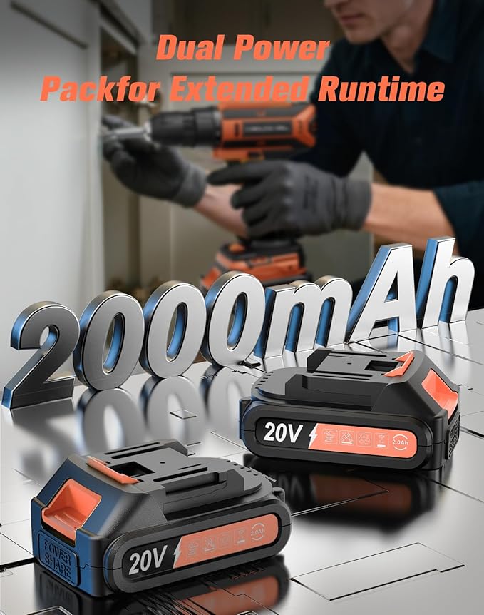 Cordless Drill, 20V MAX Power Drill Set with Dual Power Pack & Charger, 3/8 Inch Keyless Chuck, Variable Speed, 25+1 Position and 56PCS Bits/Screws, Power Tools for Home Projects