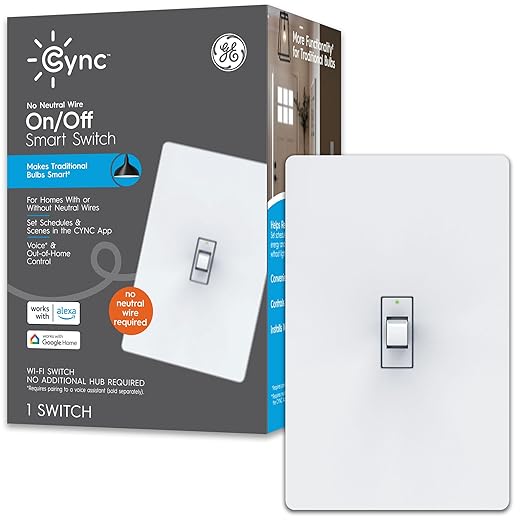GE CYNC Smart Light Switch, Toggle Switch Style, No Neutral Wire Required, Bluetooth and 2.4 GHz WiFi 3-Wire Switch, Works with Amazon Alexa and Google Home, White (1 Pack)