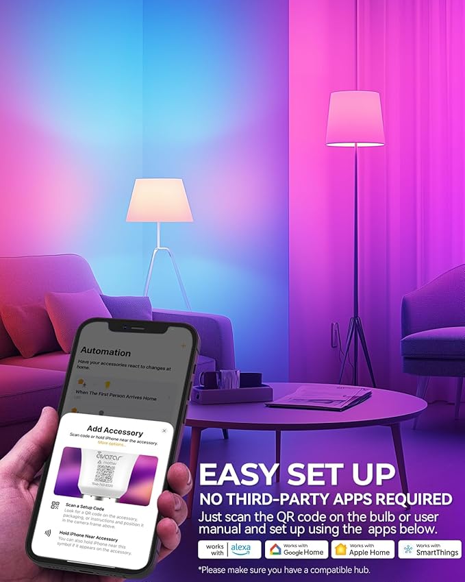 E12 Smart Light Bulb Candelabra - Matter LED Bulb Compatible with Apple Homekit/Alexa(NOT Google Home), No 3rd-Party App, Hub Required, 5W RGBCW Dimmable Candle Light Bulb for Chandeliers & Fixtures