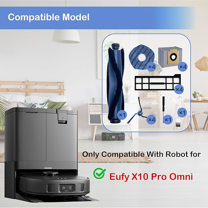 19 Pcs Replacement Parts for eufy x10 pro omni Vacuum Accessories Kit, Includes 1 Main brush, 4 Side brushes, 4 Filters, 4 Mop Pads,4 Dust Bags and 2 tools