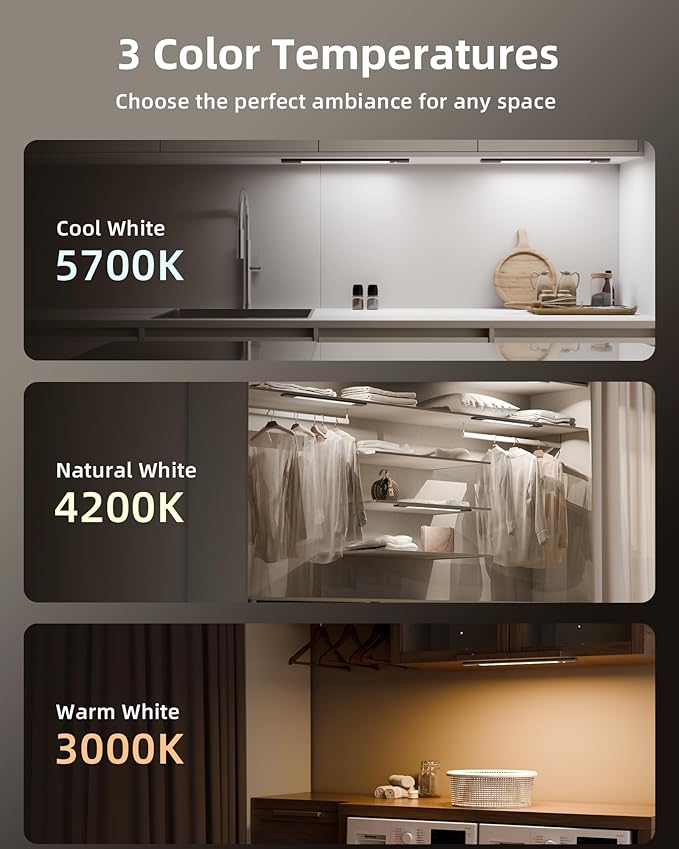 EZVALO Under Cabinet Lighting, Motion Sensor Lights with 2 Detachable Batteries, 76 LED Dimmable Closet Lights, 3 Color Temps, Under Counter Lights for Kitchen, Wardrobe
