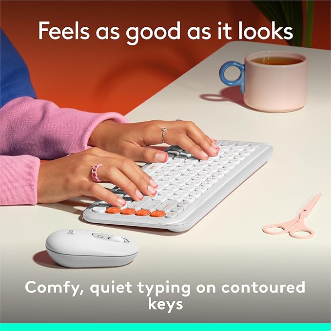 Logitech POP ICON Keys Wireless Bluetooth Keyboard, Comfortable Typing, Programmable Keys, Easy-Switch Between up to 3 Devices, for Laptop, Tablet, PC – Off White and Orange